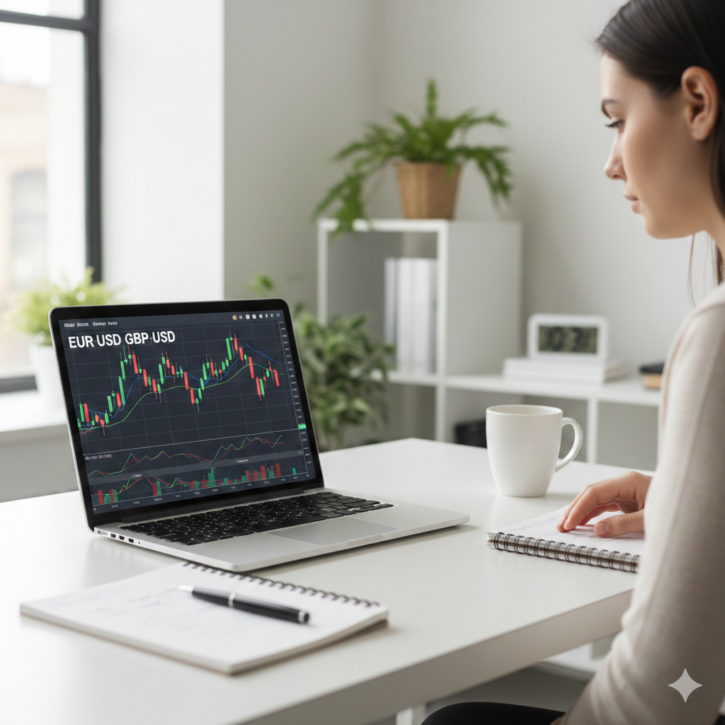 Forex trading beginner learning currency market analysis on laptop.