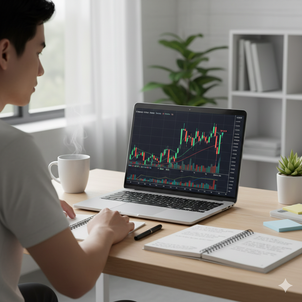 Beginner learning to read forex candlestick charts and understand market trends.