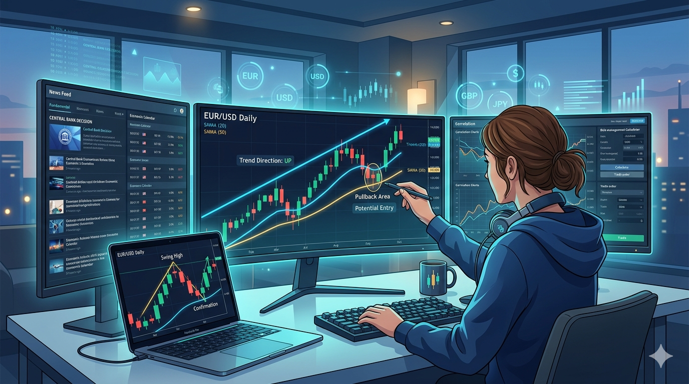 Forex swing trading setup showing candlestick charts, trend analysis, and a trader identifying medium-term market opportunities.
