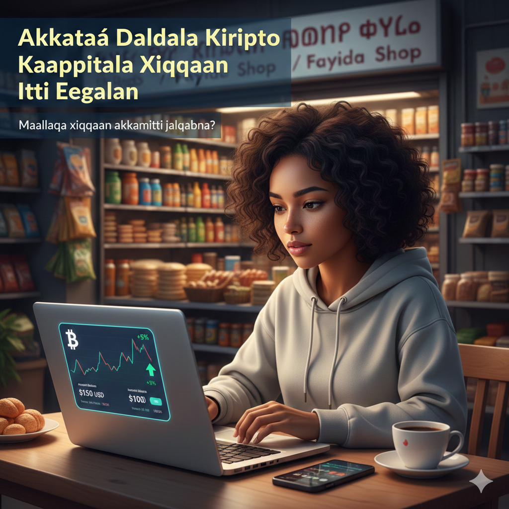 Feature image showing a beginner starting crypto trading with small capital on a laptop