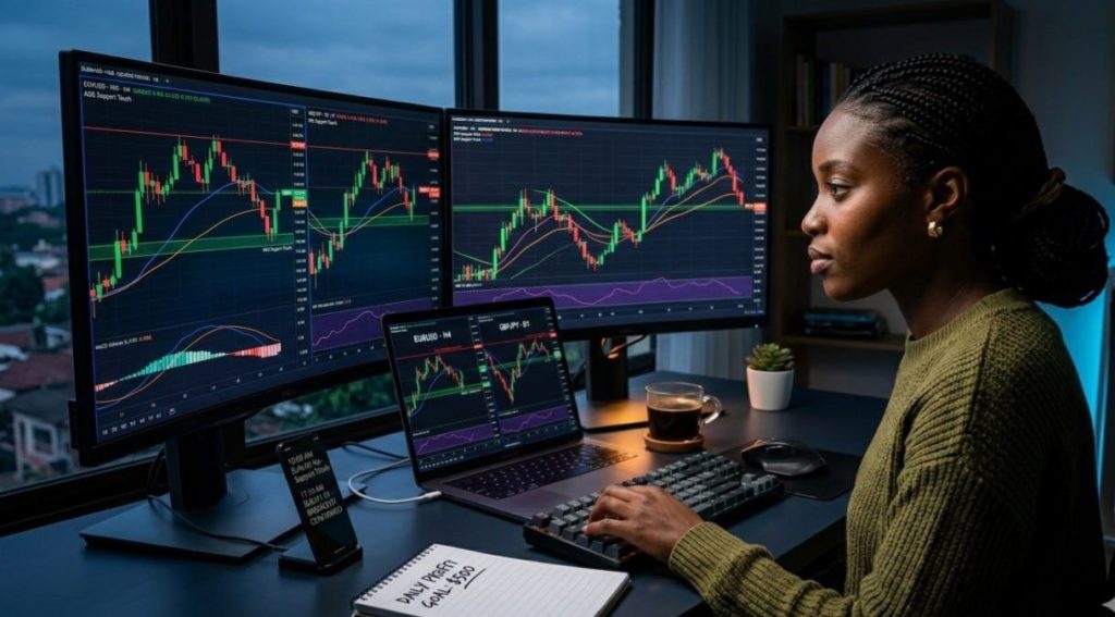 Forex trading chart with MACD RSI and Moving Average indicators on a professional trading setup