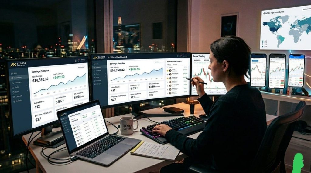 Exness forex affiliate program dashboard interface showing earnings