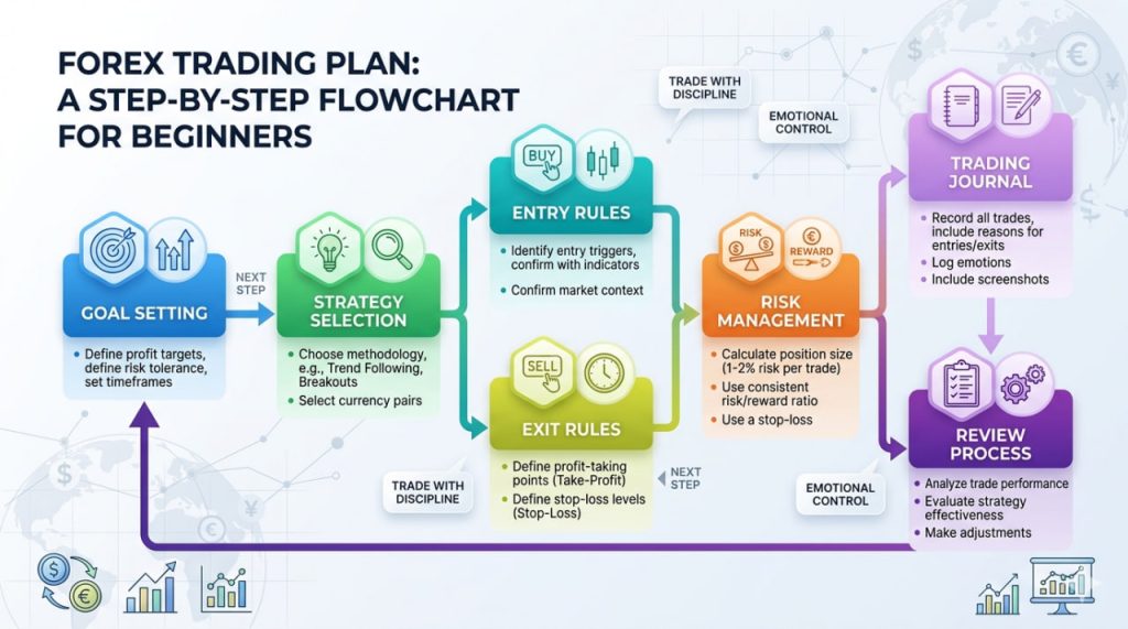 Forex trading plan flowchart showing step-by-step process from goal setting to strategy, risk management, and review