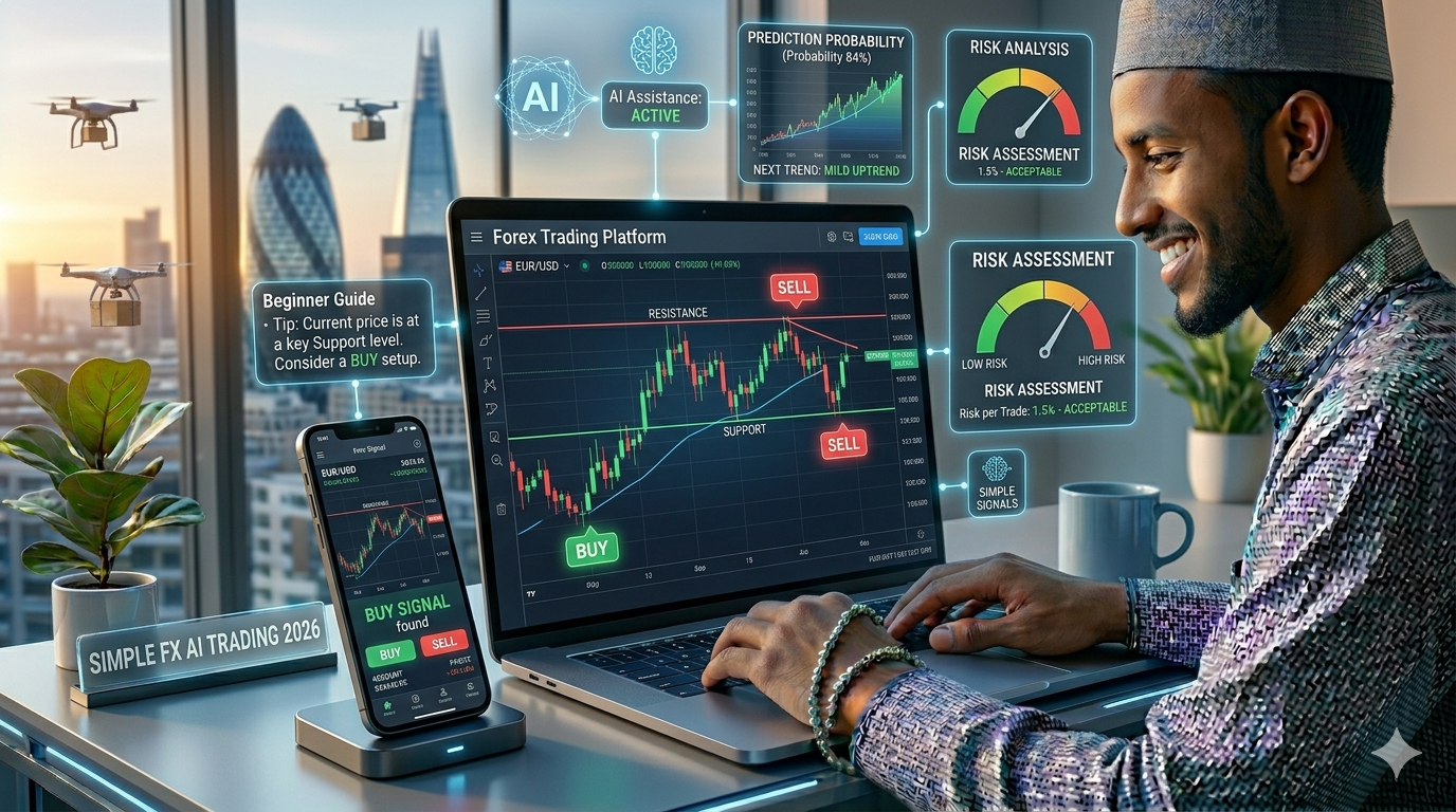 AI-powered forex trading dashboard showing beginner-friendly buy and sell signals with simple chart analysis