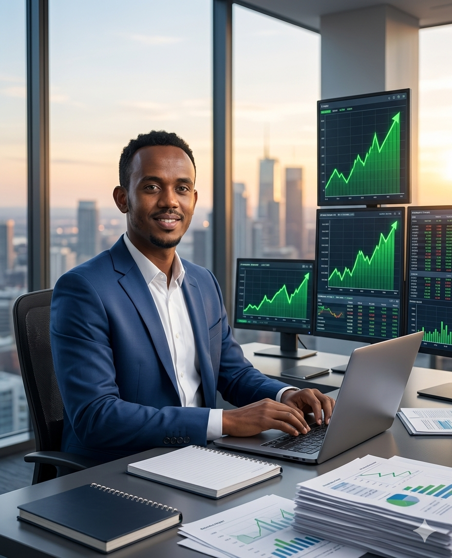 Successful entrepreneur analyzing rising financial charts showing business and trading growth in modern office