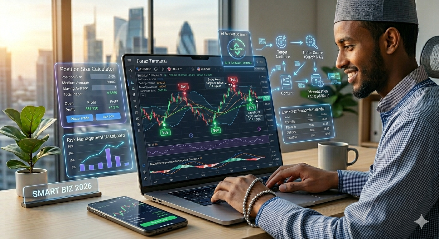 Forex trading chart with Moving Average, RSI, MACD, and Bollinger Bands indicators showing buy and sell signals