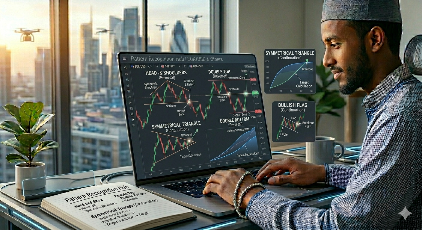 This feature image illustrates essential forex chart patterns such as head and shoulders, double tops and bottoms, triangles, and flags. It is designed to help beginners visually understand how these patterns form on charts and how they signal potential trend reversals or continuations in the forex market.