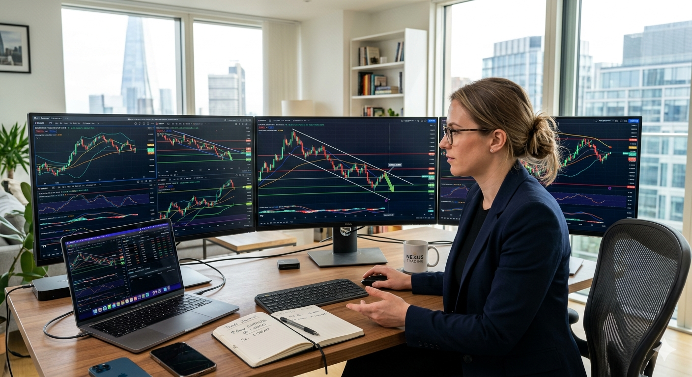 Professional trader analyzing forex charts with candlestick patterns and trend lines to make informed trading decisions