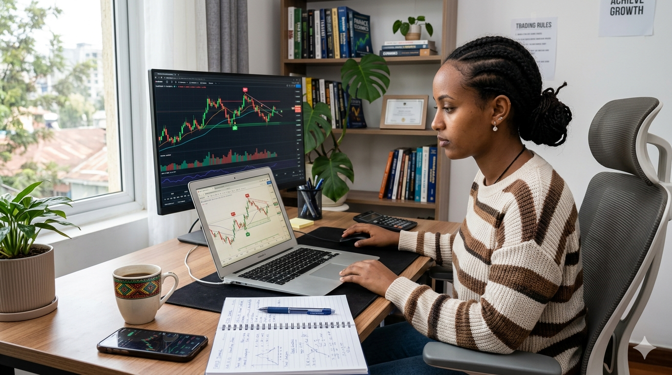 Beginner forex trader in Ethiopia learning online trading with charts on laptop and financial growth concept