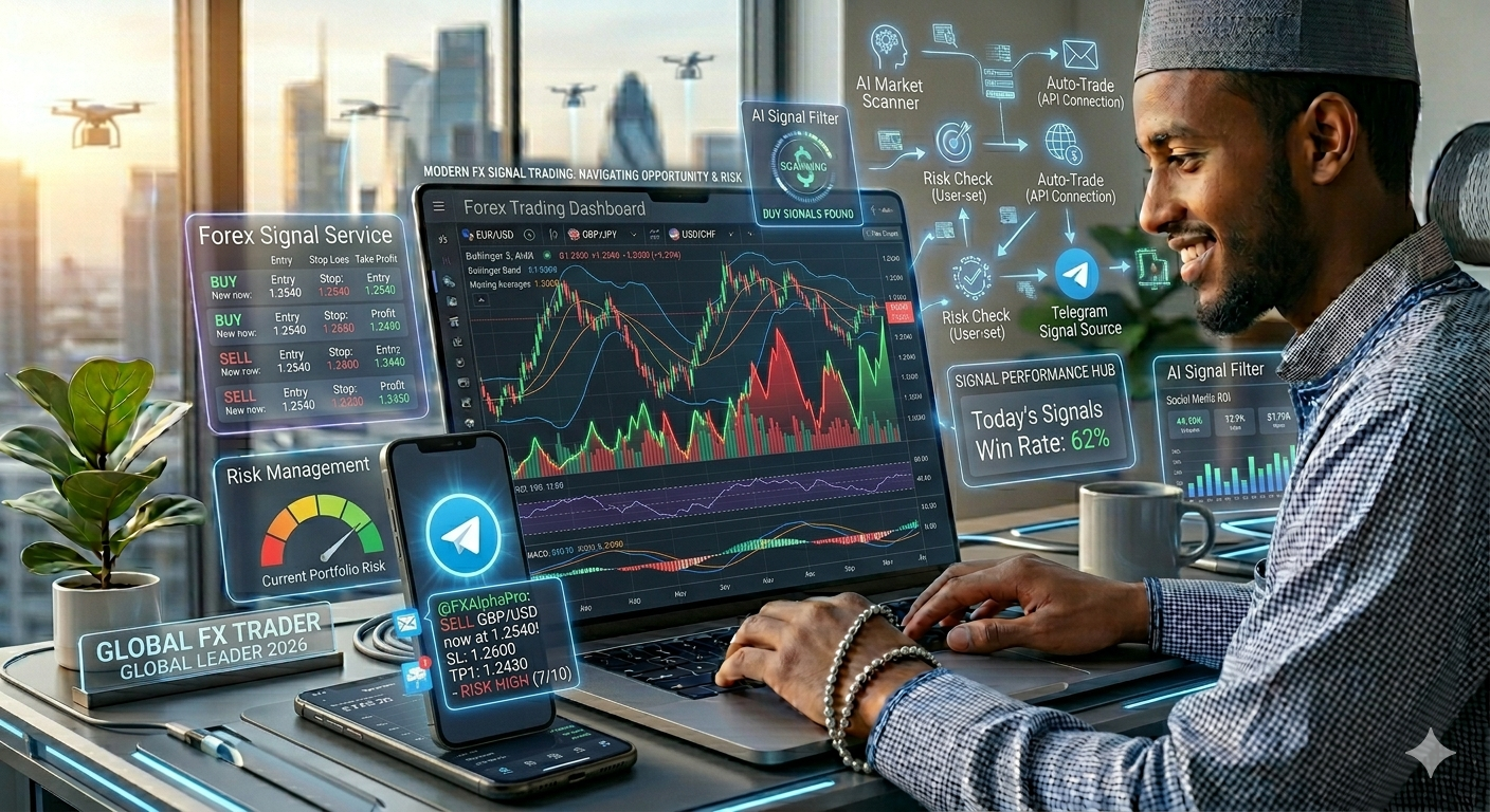 Forex trading signals on mobile phone with buy and sell alerts and chart analysis on laptop screen