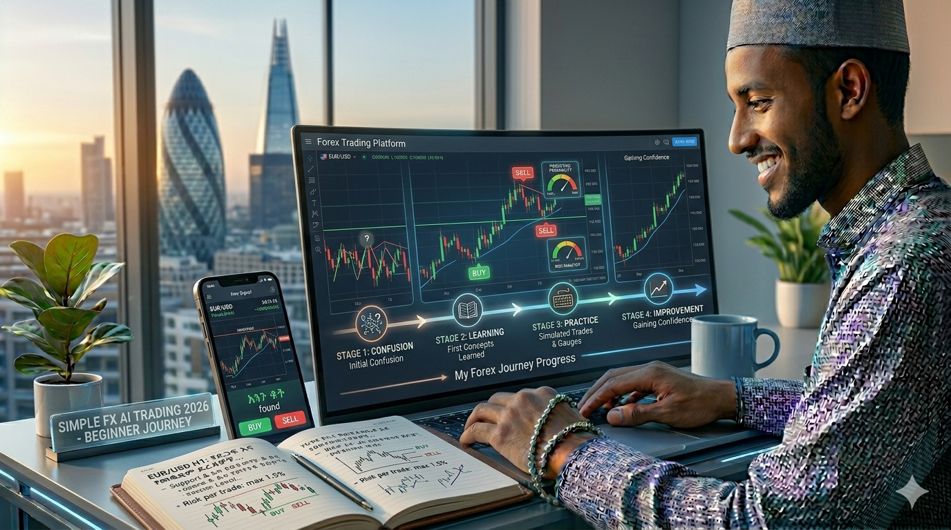 Beginner learning forex trading with charts, notes, and progress timeline showing skill development