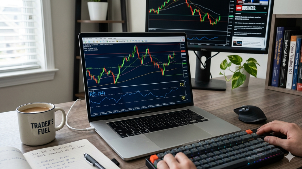 RSI divergence example price rising but RSI falling