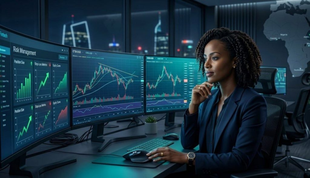 Professional forex trader analyzing charts and developing a profitable trading plan in a modern trading office