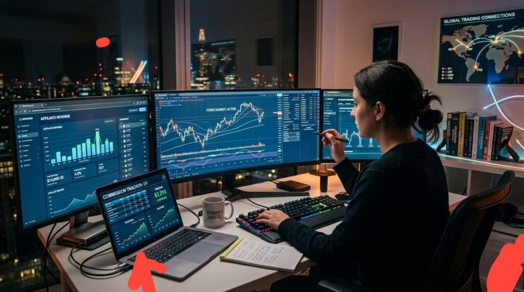 A modern digital finance workspace showing forex charts, affiliate dashboard earnings