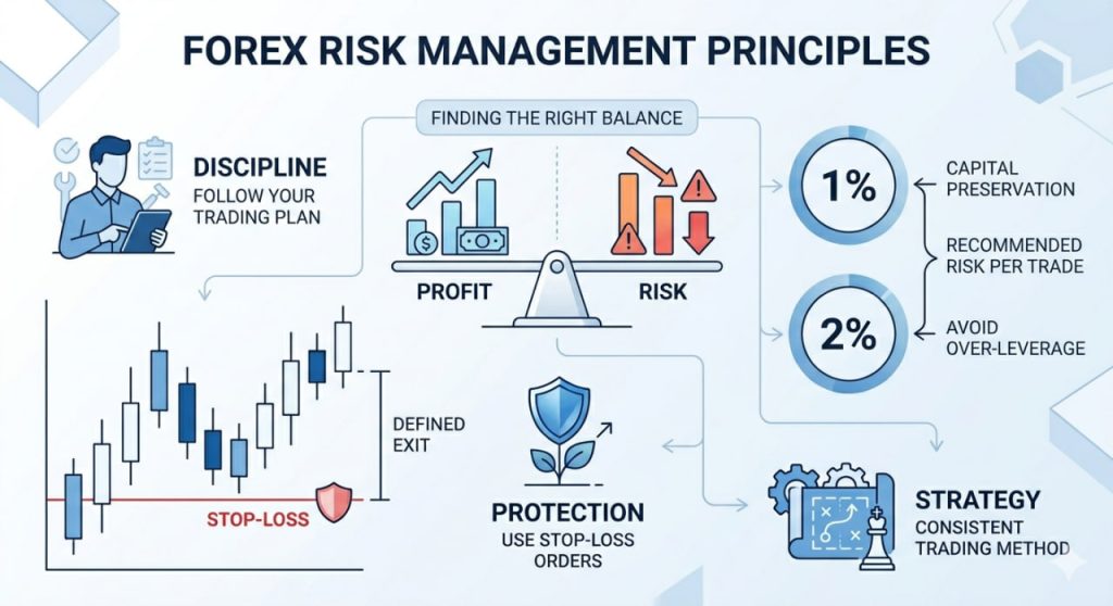 Forex risk management illustration showing stop-loss, balance of profit and risk, and percentage risk control strategy