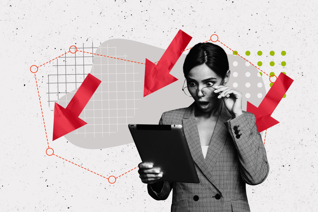 Creative picture collage young woman entrepreneur forex market falling downwards decrease loss economy tablet shocked reaction