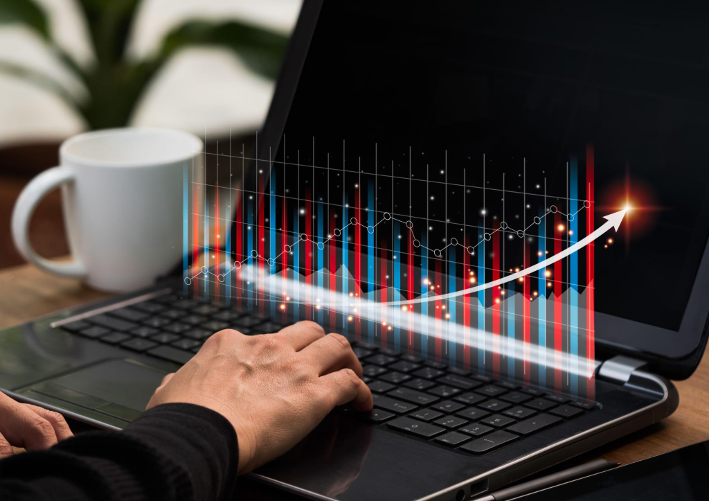 Investor, cryptocurrency, and a businessman or trader evaluating a forex trading graph financial data.