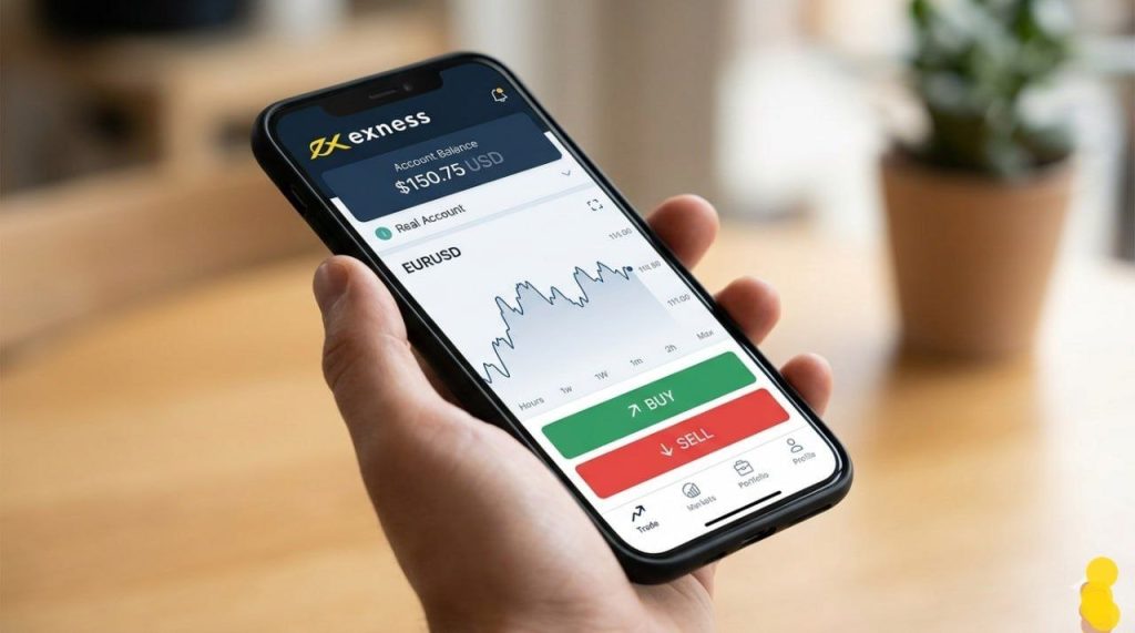 Exness trading app on smartphone showing small balance account, simple trade button interface