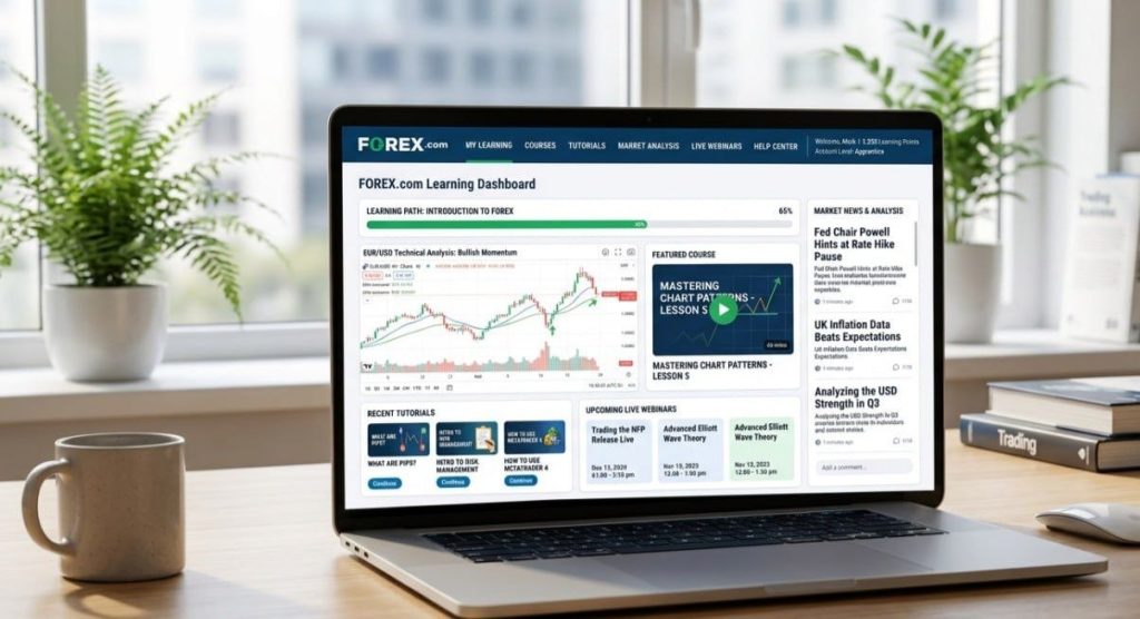 forex education dashboard on laptop, charts, tutorials, market news interface clean professional