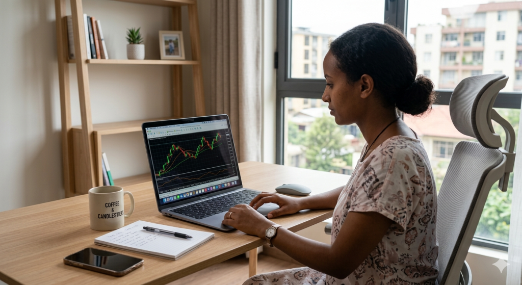 Beginner learning forex trading online using laptop and charts