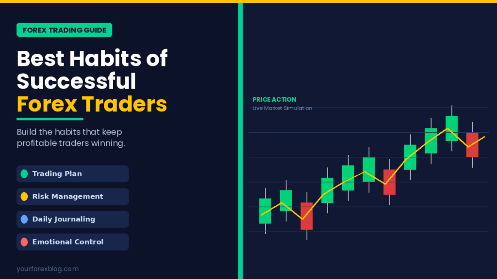 Best habits of successful forex traders — candlestick chart with trading plan, risk management, journaling, and emotional control tips