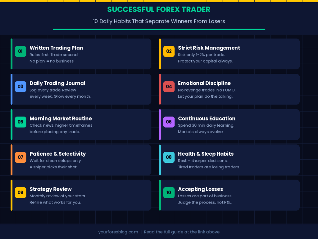 Infographic showing 10 daily habits of successful forex traders including risk management, journaling, emotional discipline, and trading plan