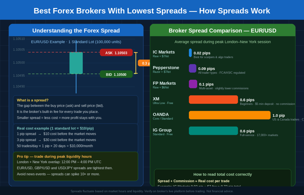 Infographic explaining how forex spreads work showing the bid and ask price gap on EUR/USD, plus a visual bar chart comparing average spreads across top brokers including IC Markets, Pepperstone, FP Markets, XM, OANDA, and IG Group