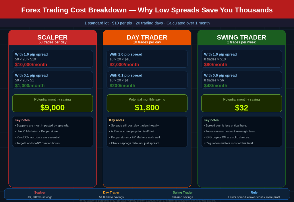Chart showing how forex spread costs accumulate over one month for three trader types — a scalper paying up to $10,000 in spreads, a day trader paying $2,000, and a swing trader paying $80 — demonstrating why low spreads matter more for high-frequency traders