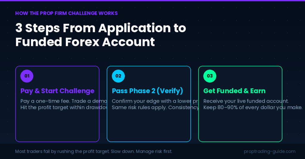 How the prop firm challenge works – 3 steps from application to funded forex account